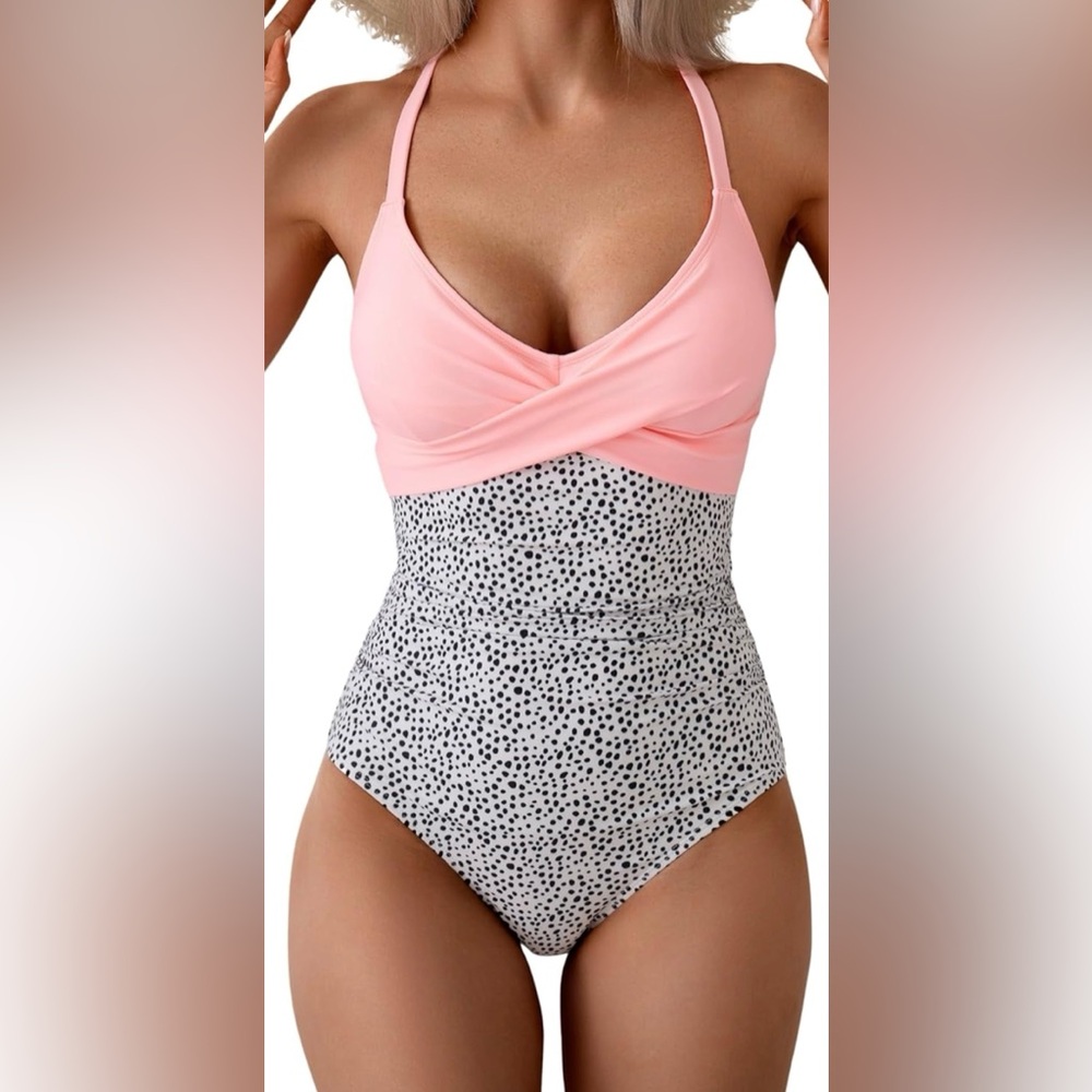 NWT B2prity Pink & Black Dot Slimming Front Cross V Neck 1pc Swimsuit Women’s M - Picture 5 of 8